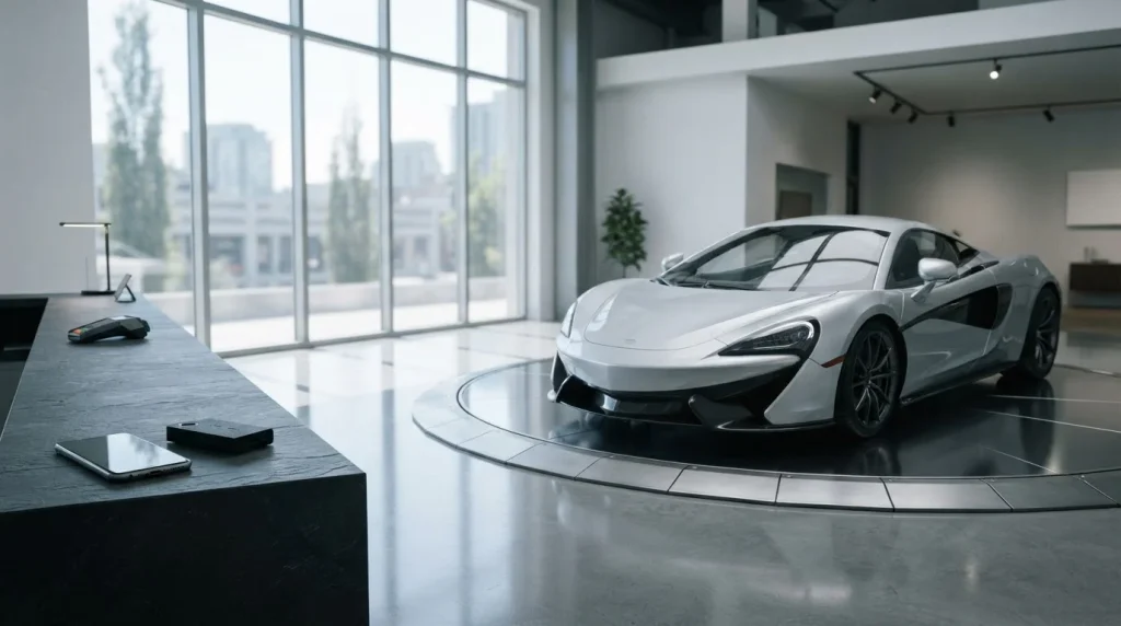 Silver unbadged sports car on a showroom turntable, with a smartphone and hardware wallet on a slate cashier counter