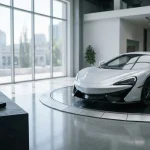 Silver unbadged sports car on a showroom turntable, with a smartphone and hardware wallet on a slate cashier counter