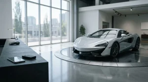 Silver unbadged sports car on a showroom turntable, with a smartphone and hardware wallet on a slate cashier counter