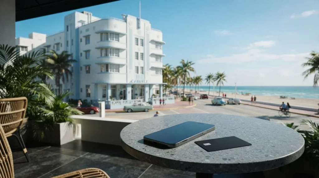 Pastel Art Deco hotel on a sunny oceanfront boulevard, with a smartphone and payment card on a slate café table