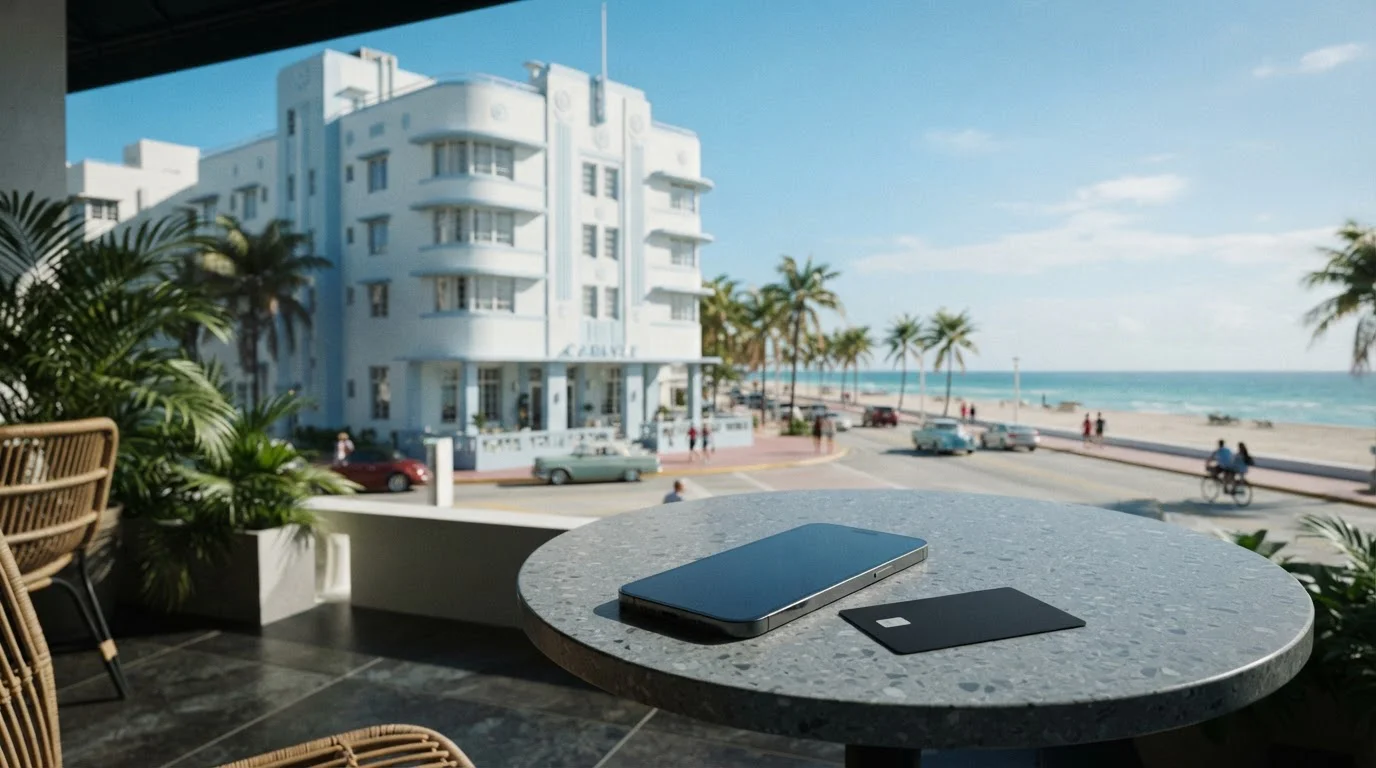 Pastel Art Deco hotel on a sunny oceanfront boulevard, with a smartphone and payment card on a slate café table