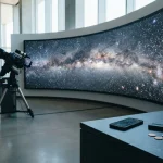 A planetarium gallery with a sweeping Milky Way panorama, a telescope and an unbranded digital wallet on a slate counter