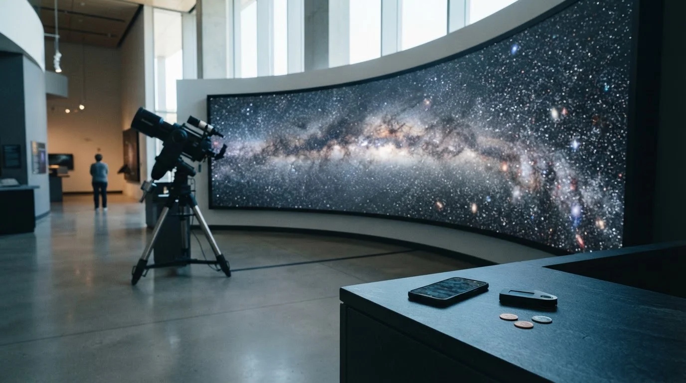 A planetarium gallery with a sweeping Milky Way panorama, a telescope and an unbranded digital wallet on a slate counter