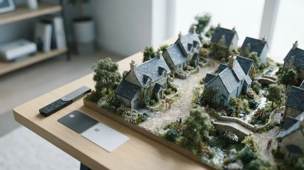 Miniature model village with slate roofs on a tabletop, with a full-size hardware wallet and payment cards at its edge