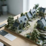 Miniature model village with slate roofs on a tabletop, with a full-size hardware wallet and payment cards at its edge