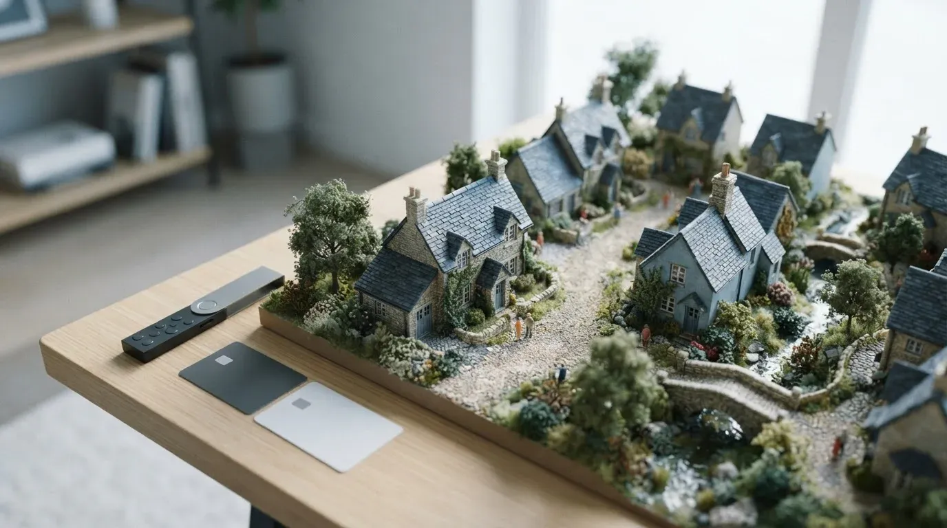 Miniature model village with slate roofs on a tabletop, with a full-size hardware wallet and payment cards at its edge