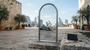 Polished mirror arch in a sunlit stone courtyard, with a hardware wallet and coins on a ledge