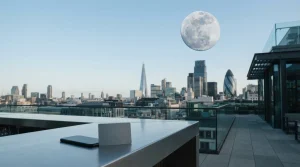 A pale daylight moon above a sleek slate-coloured city rooftop, with a phone and payment card in the foreground