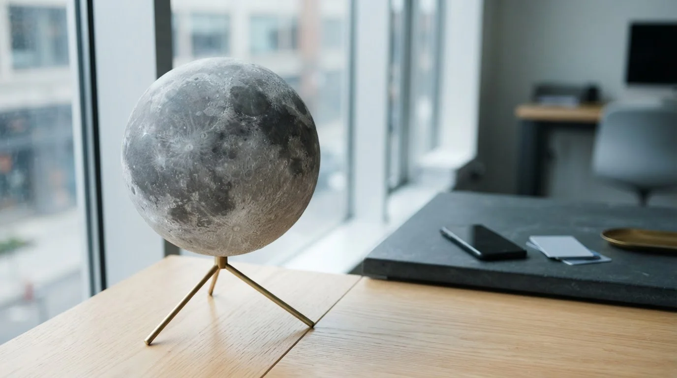 Cratered lunar globe on a brass stand, with a smartphone and payment cards on a cashier counter