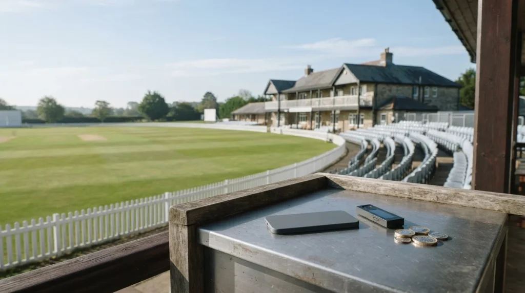 Sunlit cricket pavilion and empty pitch behind a brushed-metal payments counter with a phone, wallet and loose coins.