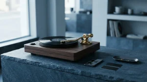 Vintage vinyl record player on a slate counter with a smartphone and payment cards in soft daylight