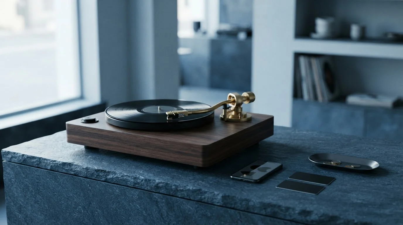 Vintage vinyl record player on a slate counter with a smartphone and payment cards in soft daylight