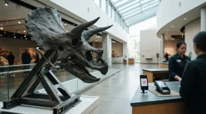 Fossil dinosaur skull in a museum gallery, with a smartphone and card terminal on a ticket counter