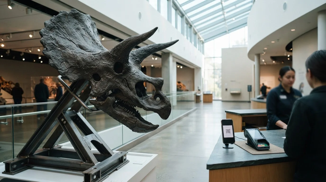 Fossil dinosaur skull in a museum gallery, with a smartphone and card terminal on a ticket counter