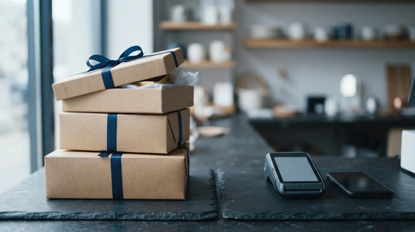 Stack of ribbon-tied gift boxes with one lid lifted, beside a smartphone and card terminal on a cashier counter
