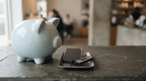 Pale blue ceramic piggy bank on a slate counter, with a smartphone and hardware wallet on a cashier tray