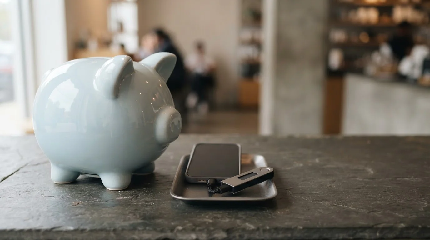 Pale blue ceramic piggy bank on a slate counter, with a smartphone and hardware wallet on a cashier tray