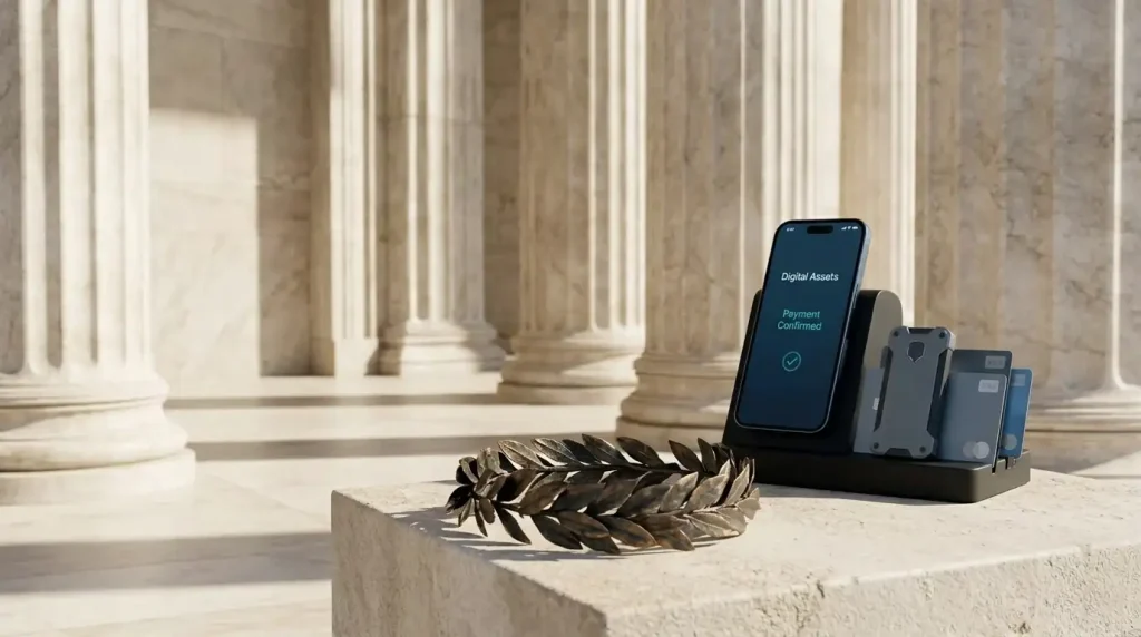 Greek marble temple portico with a bronze laurel wreath, with a phone, hardware wallet and cards