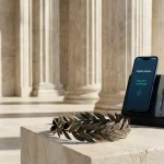 Greek marble temple portico with a bronze laurel wreath, with a phone, hardware wallet and cards