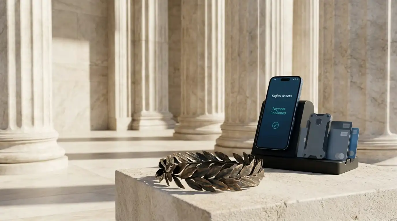 Greek marble temple portico with a bronze laurel wreath, with a phone, hardware wallet and cards