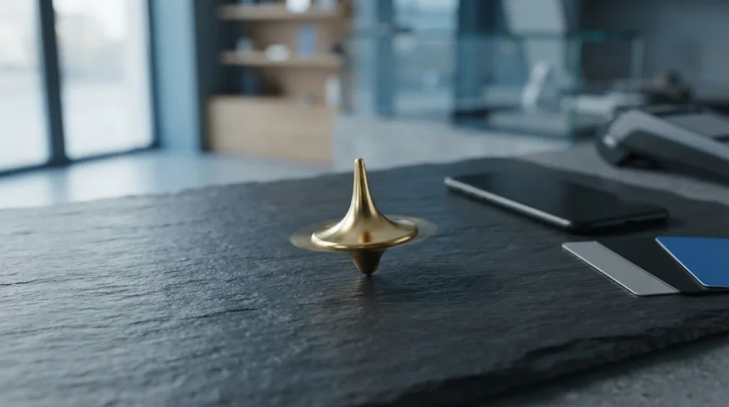 A polished golden spinning top on a slate tabletop, with a phone and loose payment cards in soft daylight behind it