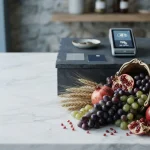 Bronze cornucopia overflowing with grapes and wheat on a marble table, with a card terminal and payment cards behind