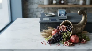 Bronze cornucopia overflowing with grapes and wheat on a marble table, with a card terminal and payment cards behind