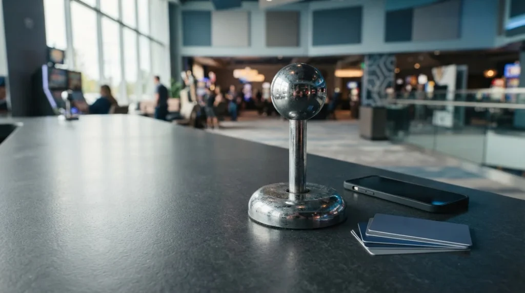 Large chrome arcade joystick on a polished gaming counter, with a smartphone and payment cards in the background