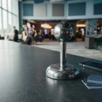 Large chrome arcade joystick on a polished gaming counter, with a smartphone and payment cards in the background