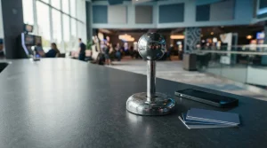 Large chrome arcade joystick on a polished gaming counter, with a smartphone and payment cards in the background