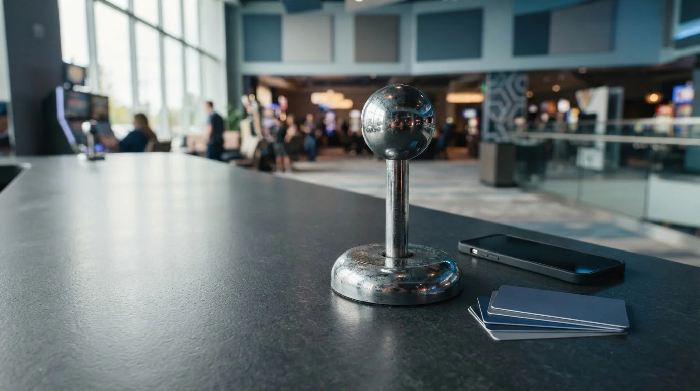 Large chrome arcade joystick on a polished gaming counter, with a smartphone and payment cards in the background