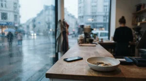 Rain falling beyond a bright cashier counter with a small bowl of coins and a phone resting in the background