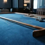 Wooden croupier rake across an empty blue felt table, with a hardware wallet and smartphone by a cashier tray