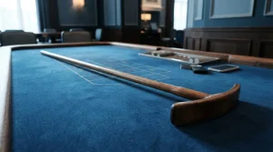 Wooden croupier rake across an empty blue felt table, with a hardware wallet and smartphone by a cashier tray
