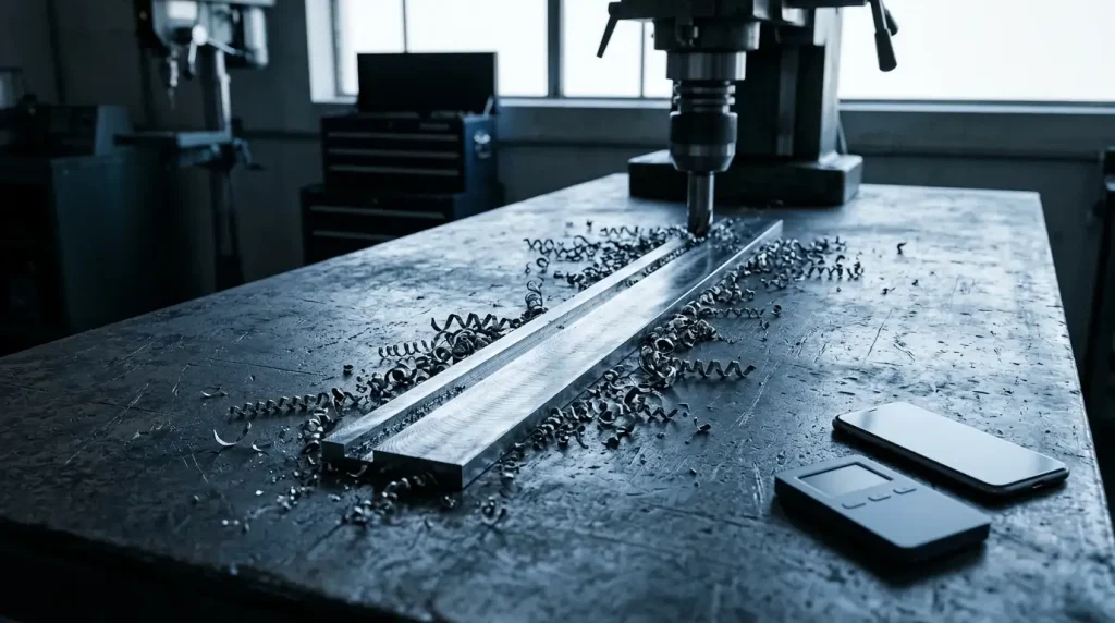 Freshly razed metallic shavings scattered across a workshop bench, with a phone and hardware wallet beside them