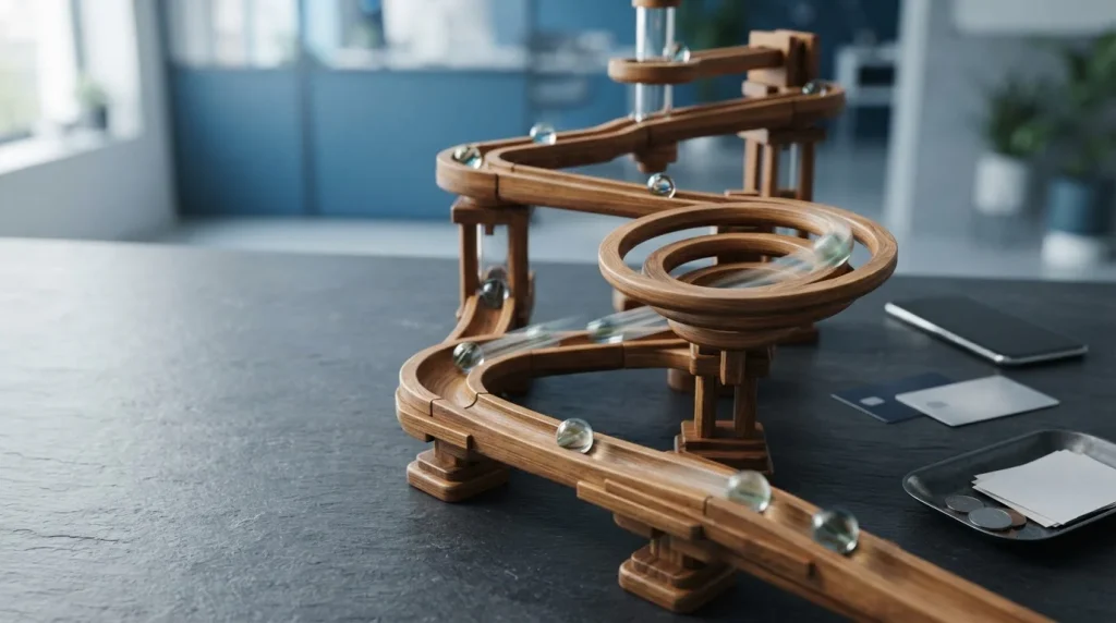 Wooden marble run with glass marbles rolling down chutes, with a smartphone and payment cards beside a cashier tray