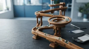 Wooden marble run with glass marbles rolling down chutes, with a smartphone and payment cards beside a cashier tray
