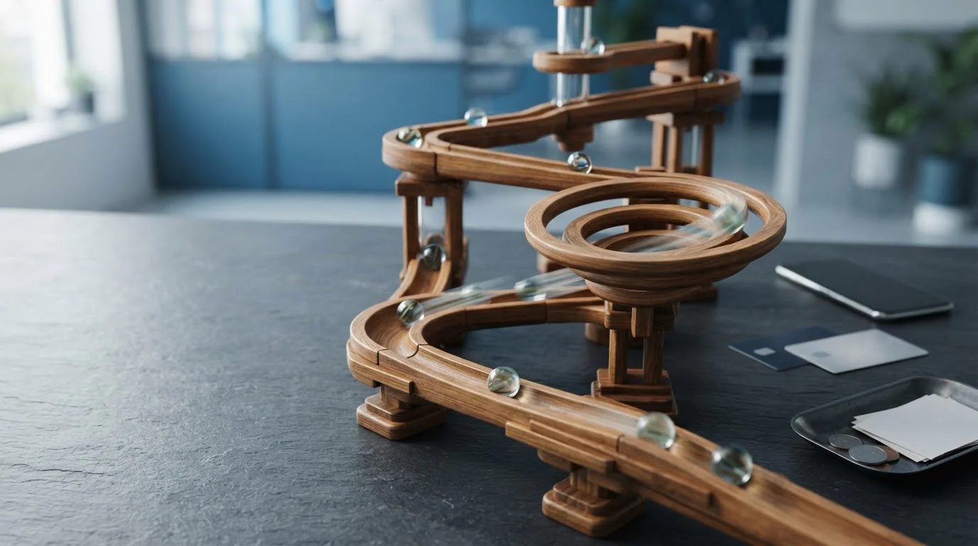 Wooden marble run with glass marbles rolling down chutes, with a smartphone and payment cards beside a cashier tray