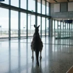 A kangaroo viewed from behind in a modern concourse, with a phone and a quiet payment counter in the background