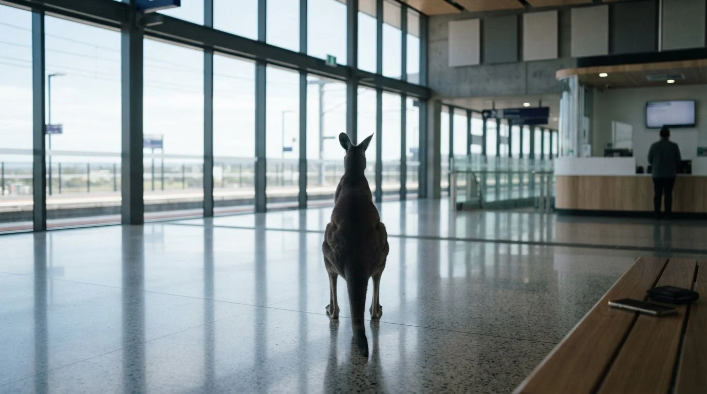 A kangaroo viewed from behind in a modern concourse, with a phone and a quiet payment counter in the background