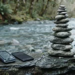 Cairn of smooth river rocks on a riverside ledge, with a card terminal and smartphone on a flat stone