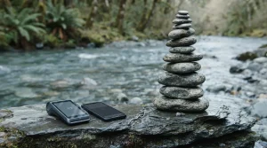 Cairn of smooth river rocks on a riverside ledge, with a card terminal and smartphone on a flat stone