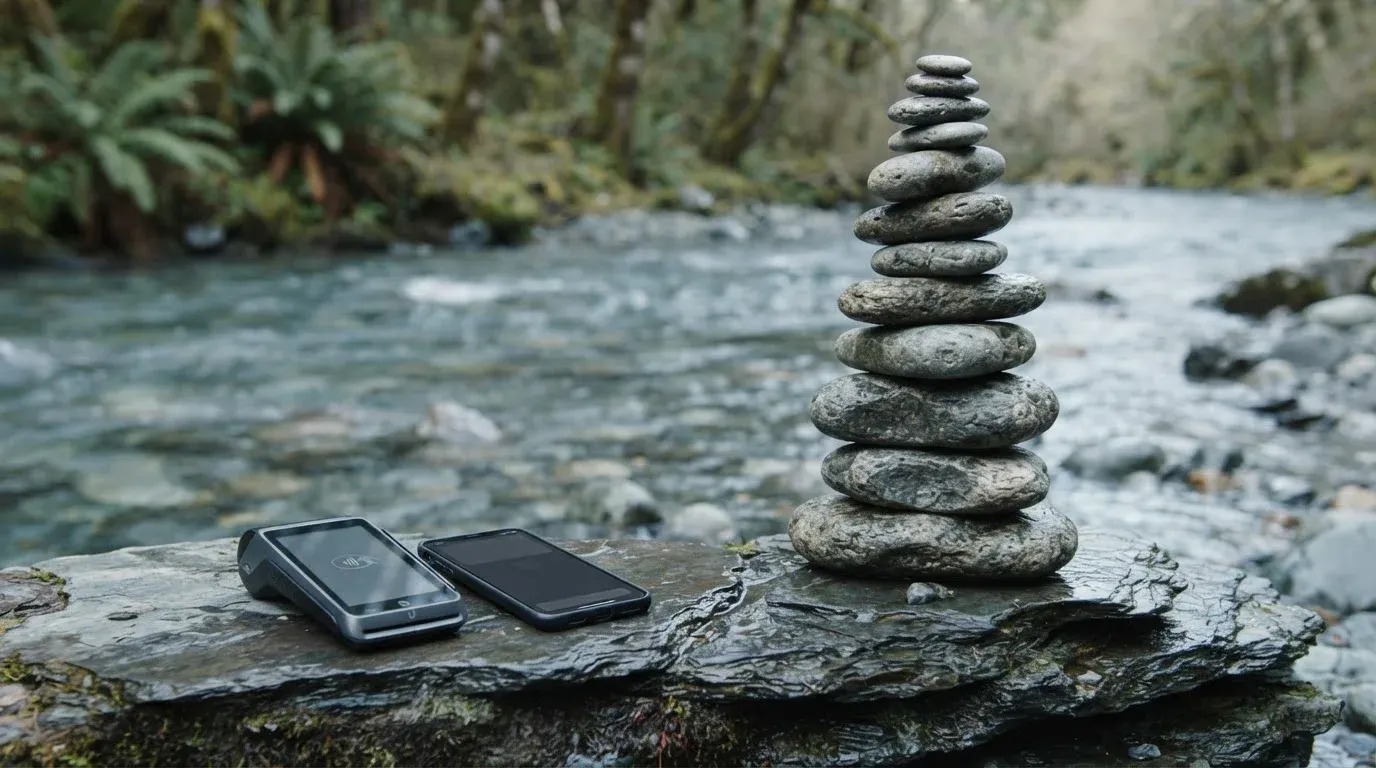 Cairn of smooth river rocks on a riverside ledge, with a card terminal and smartphone on a flat stone