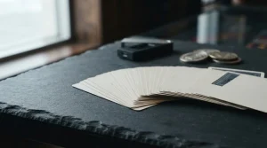 Blank playing cards spread across a slate card table, with a small hardware wallet and loose coins in soft focus
