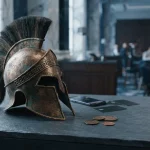 Bronze Spartan helmet on a slate counter, with a smartphone, payment cards and loose coins in soft daylight