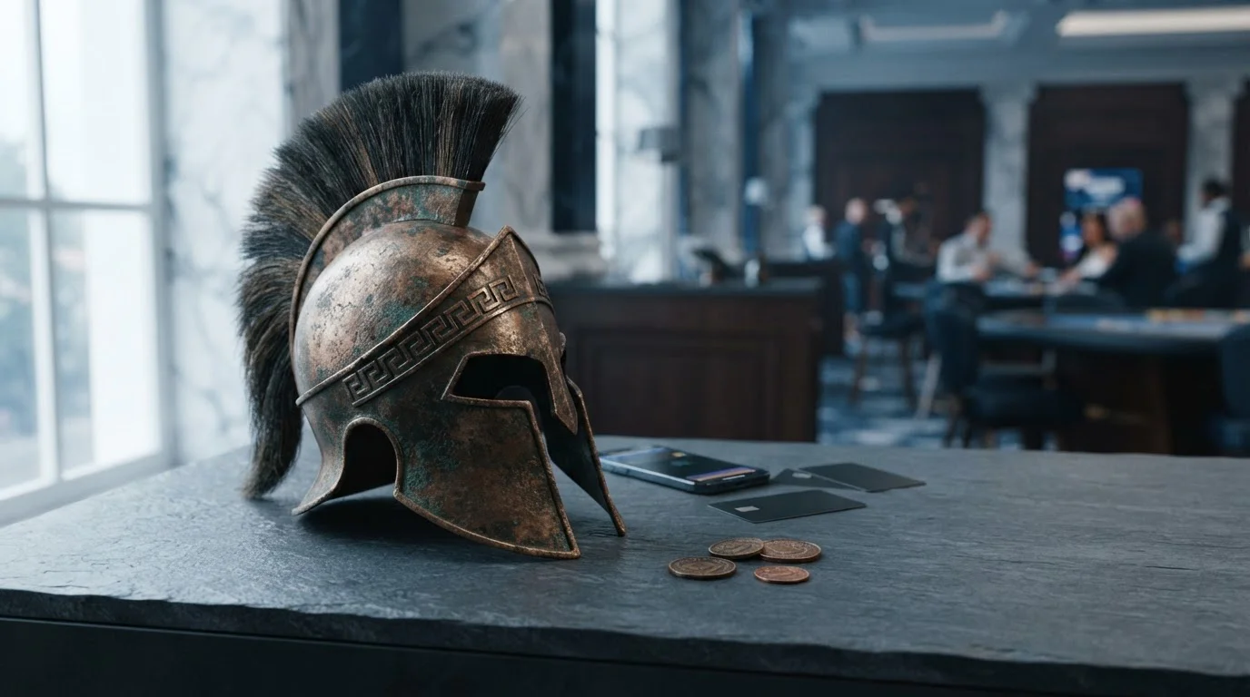 Bronze Spartan helmet on a slate counter, with a smartphone, payment cards and loose coins in soft daylight
