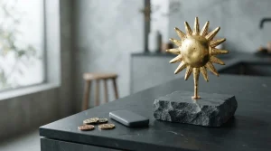 Golden sun sculpture on a slate plinth, with a hardware wallet and coins on a cashier counter