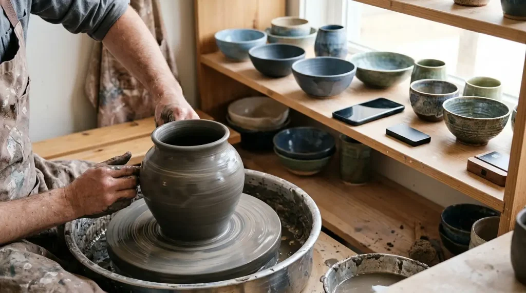 Potter's wheel spinning a wet clay vessel in a ceramics studio, with a smartphone and hardware wallet on a shelf