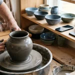 Potter's wheel spinning a wet clay vessel in a ceramics studio, with a smartphone and hardware wallet on a shelf
