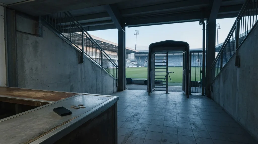 Daylit stadium turnstile overlooking an empty football pitch, with a small hardware wallet and plain coins on a nearby counter